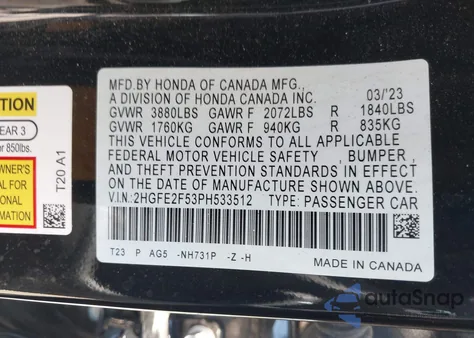 2023 Honda Civic Sport z USA, uszkodzony, nr VIN 2HGFE2F53PH533512